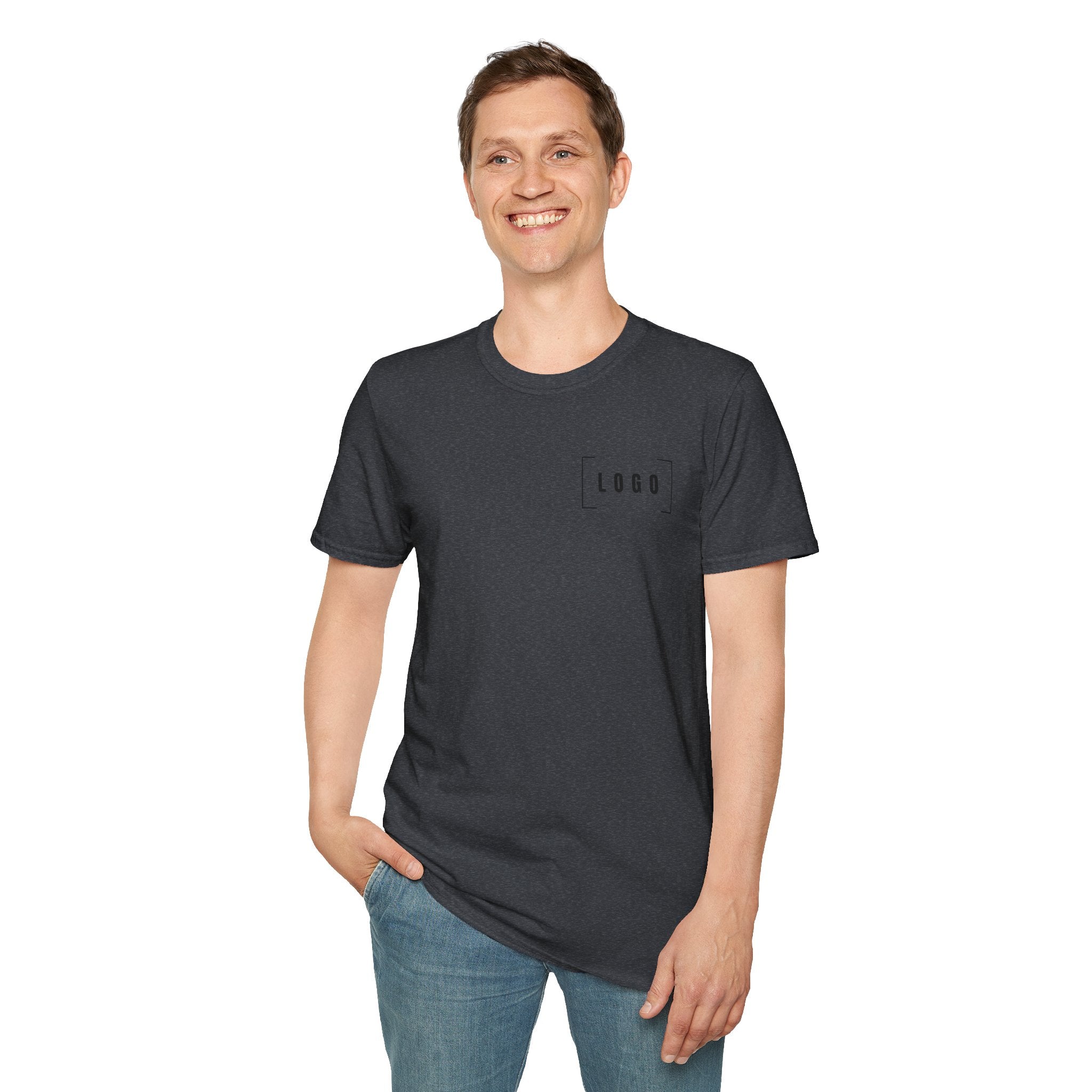 Dark Heather Grey t-shirt with a customizable logo on the front chest