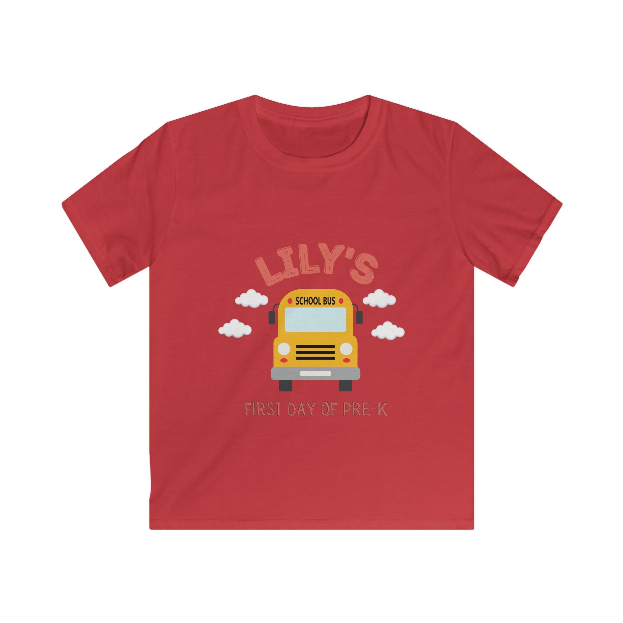 Red personalized kids tee with custom name and School Bus First Day of Pre-K design