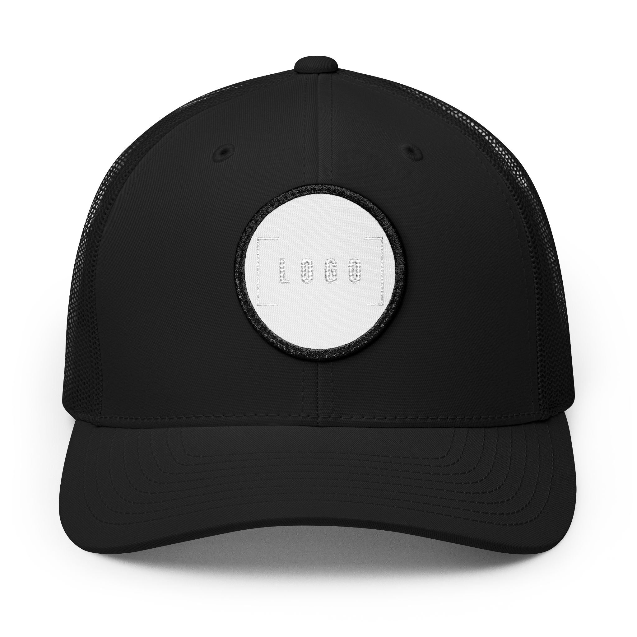 Black embroidered trucker cap with a customizable logo on the front panel patch