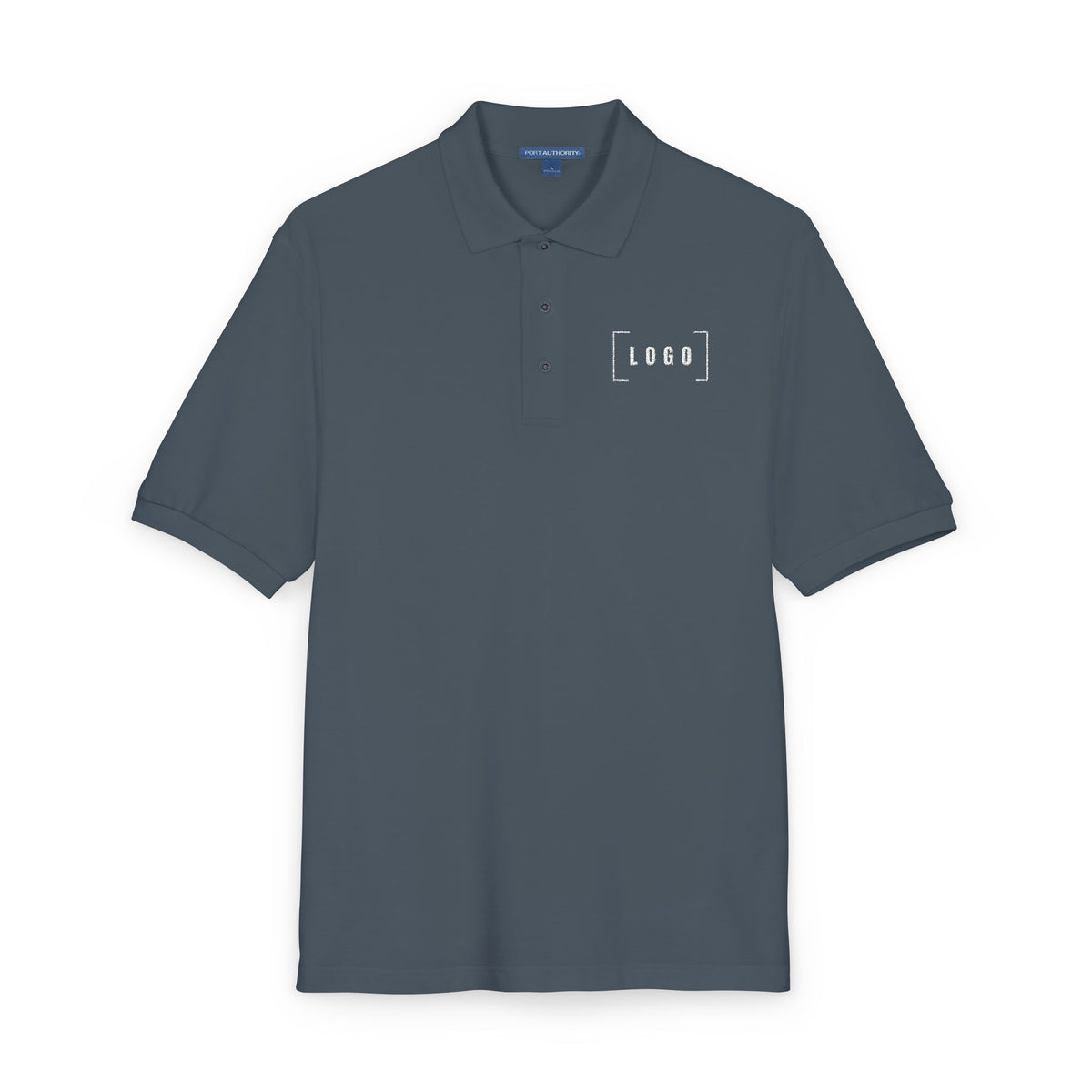 Steel Grey embroidered polo shirt with a customizable logo on the left chest