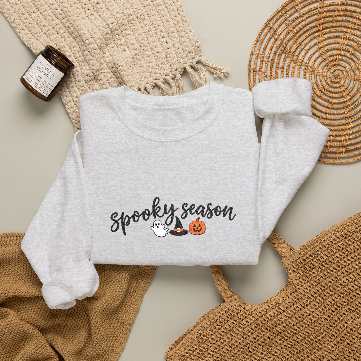 Spooky Season Embroidered Crewneck, Ghost & Pumpkin Sweatshirt