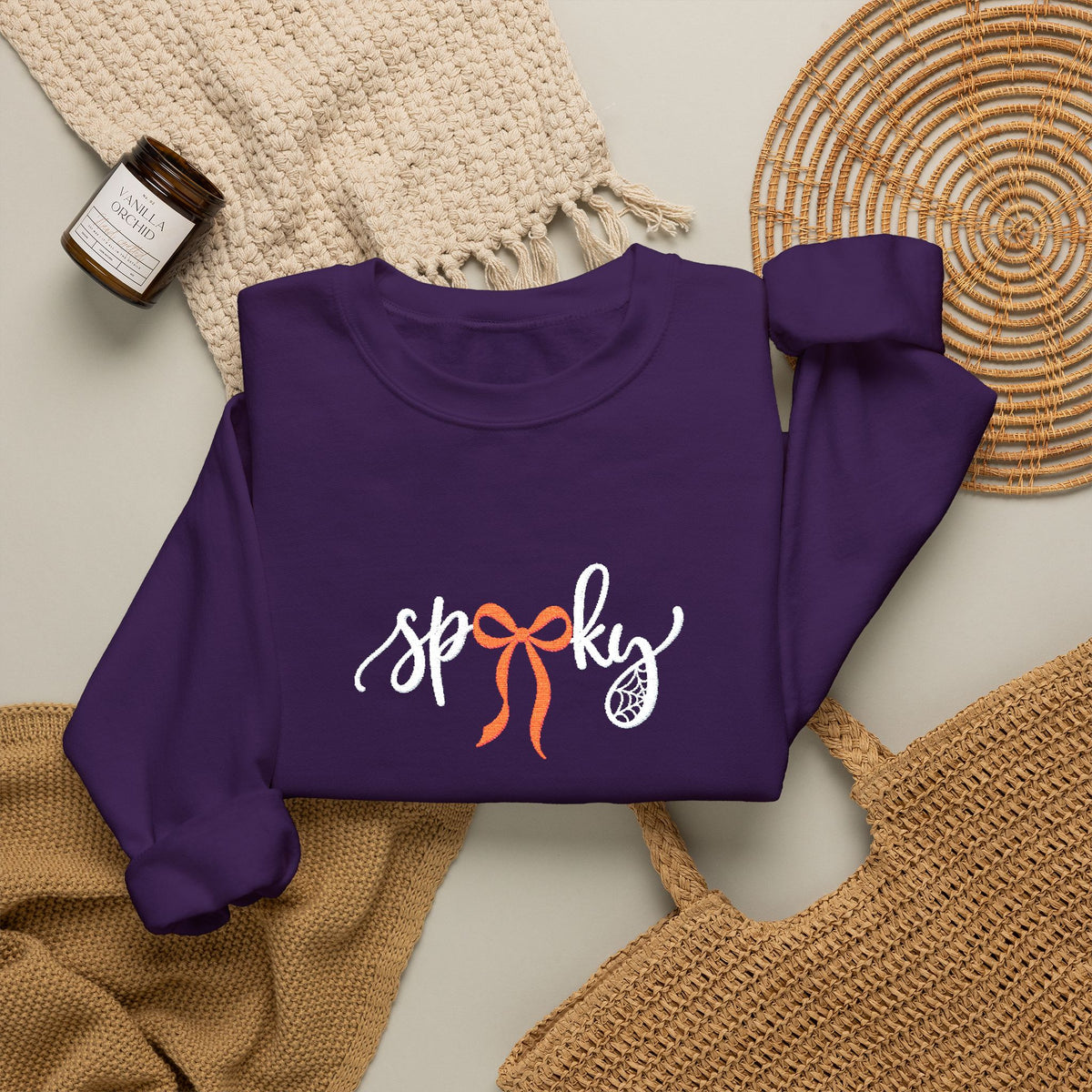 Coquette Spooky Season Embroidered Crewneck, Bow Halloween Sweatshirt