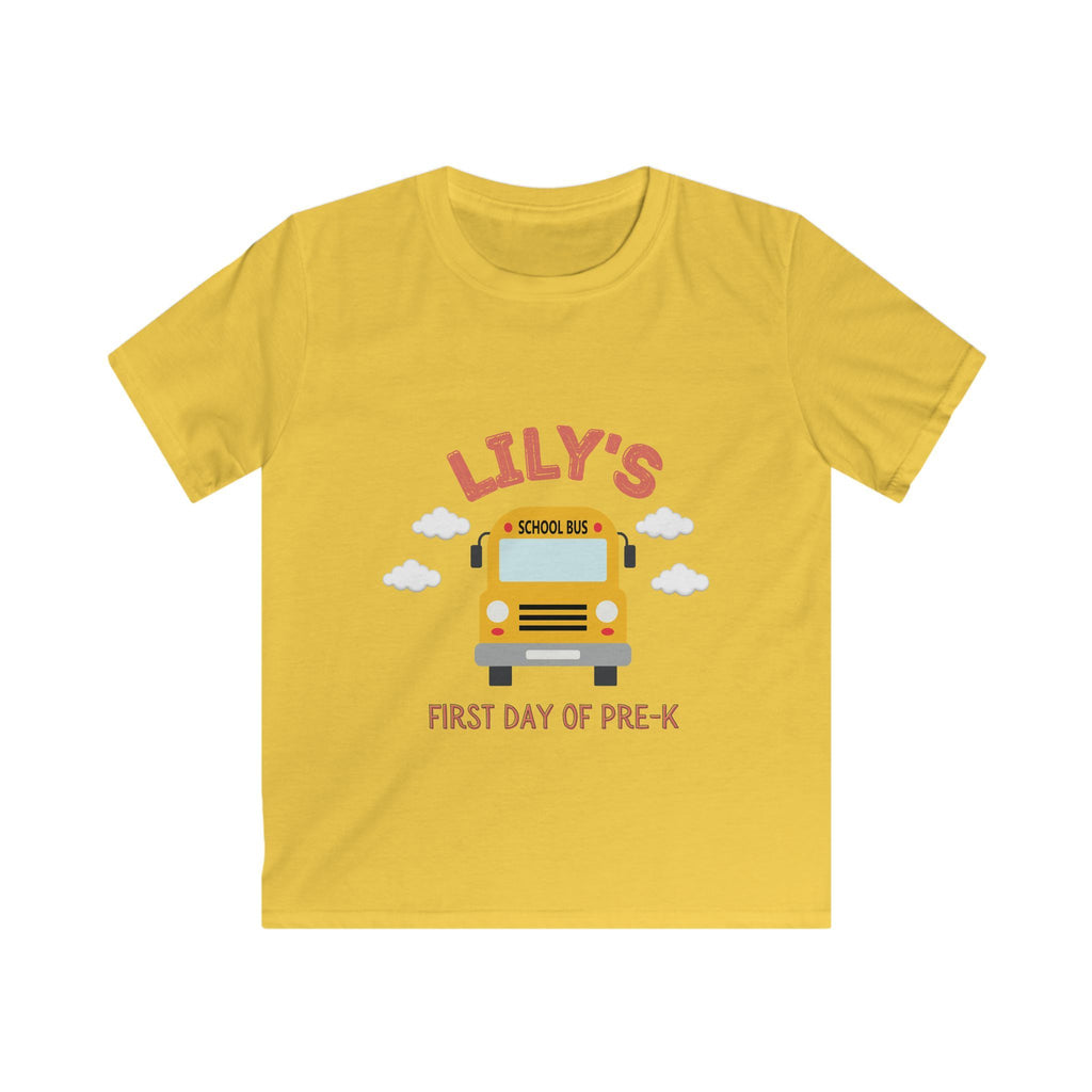 Daisy yellow personalized kids tee with custom name and School Bus First Day of Pre-K design