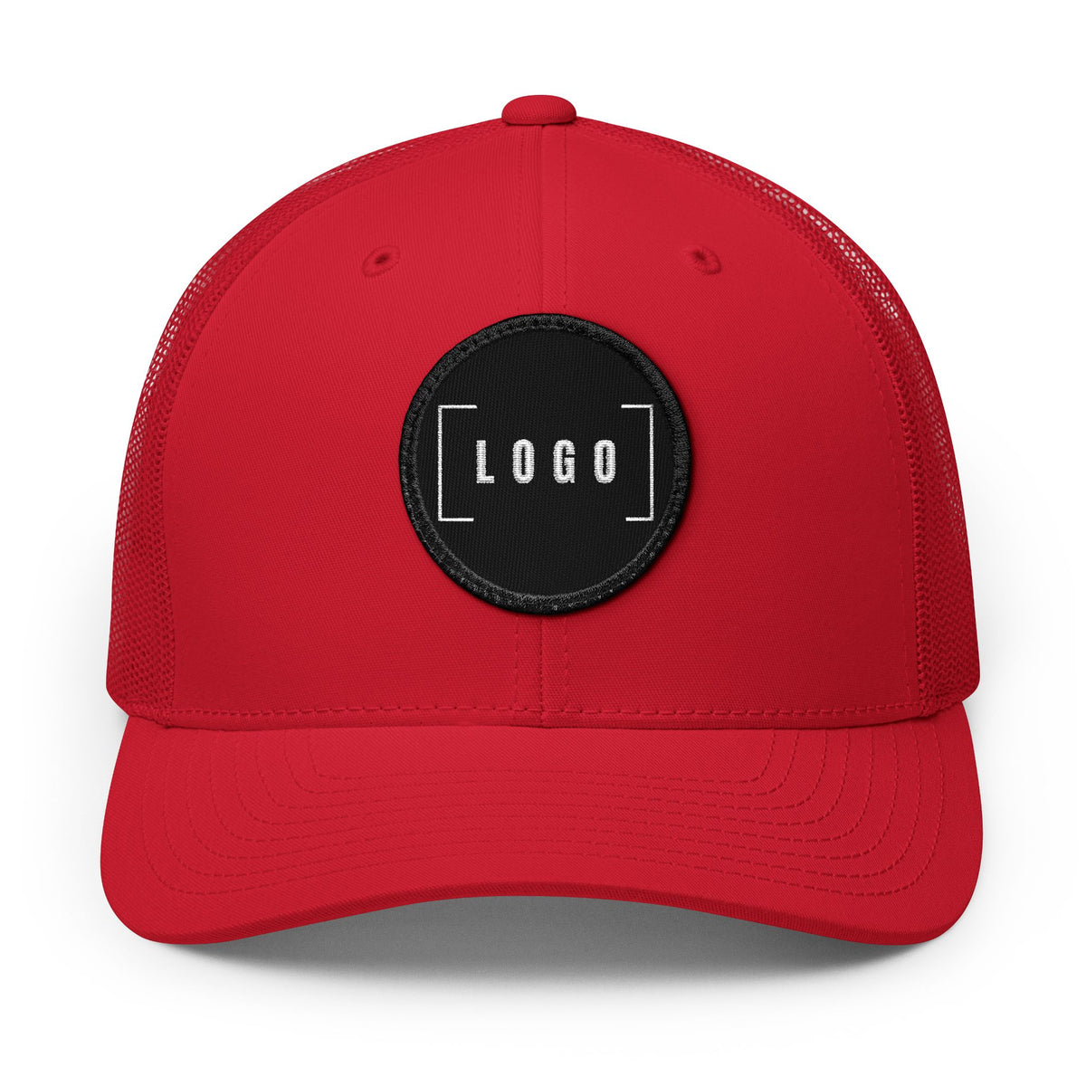 Red embroidered trucker cap with a customizable logo on the front panel patch