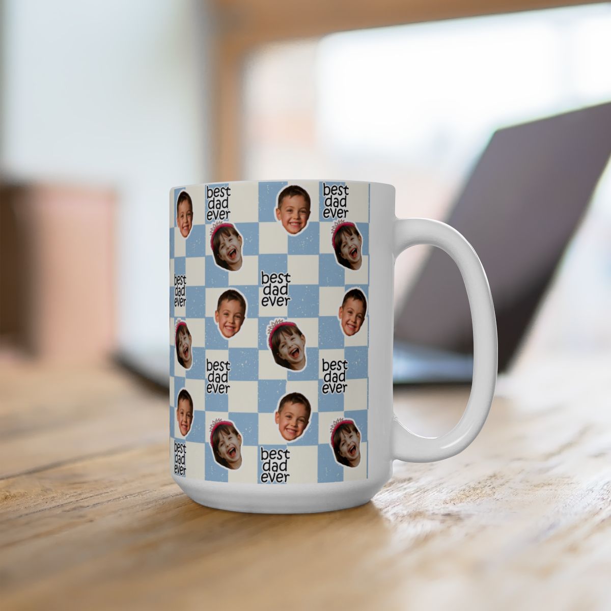 Mug with 'best dad ever' text and multiple small images of a person on a checkered background.