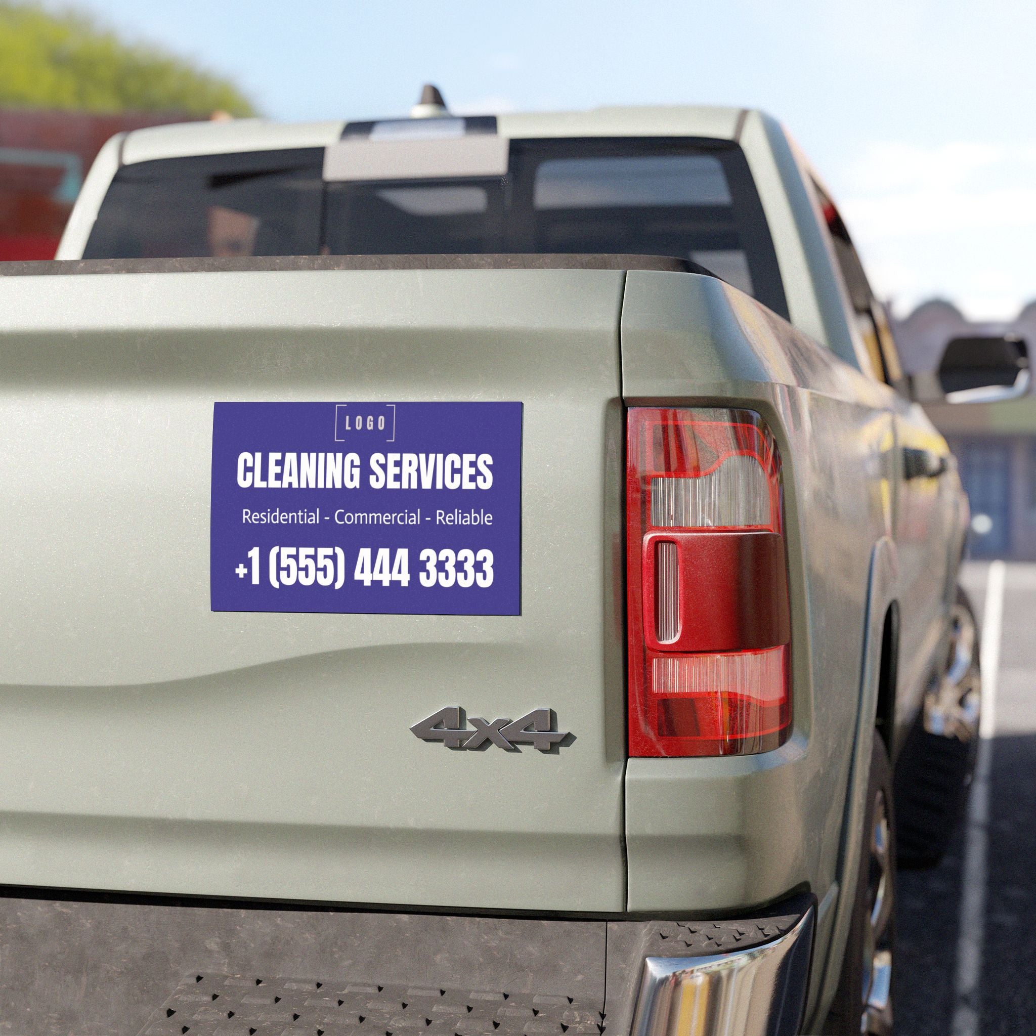 5x5 inch square car magnet on a truck tailgate, close-up view