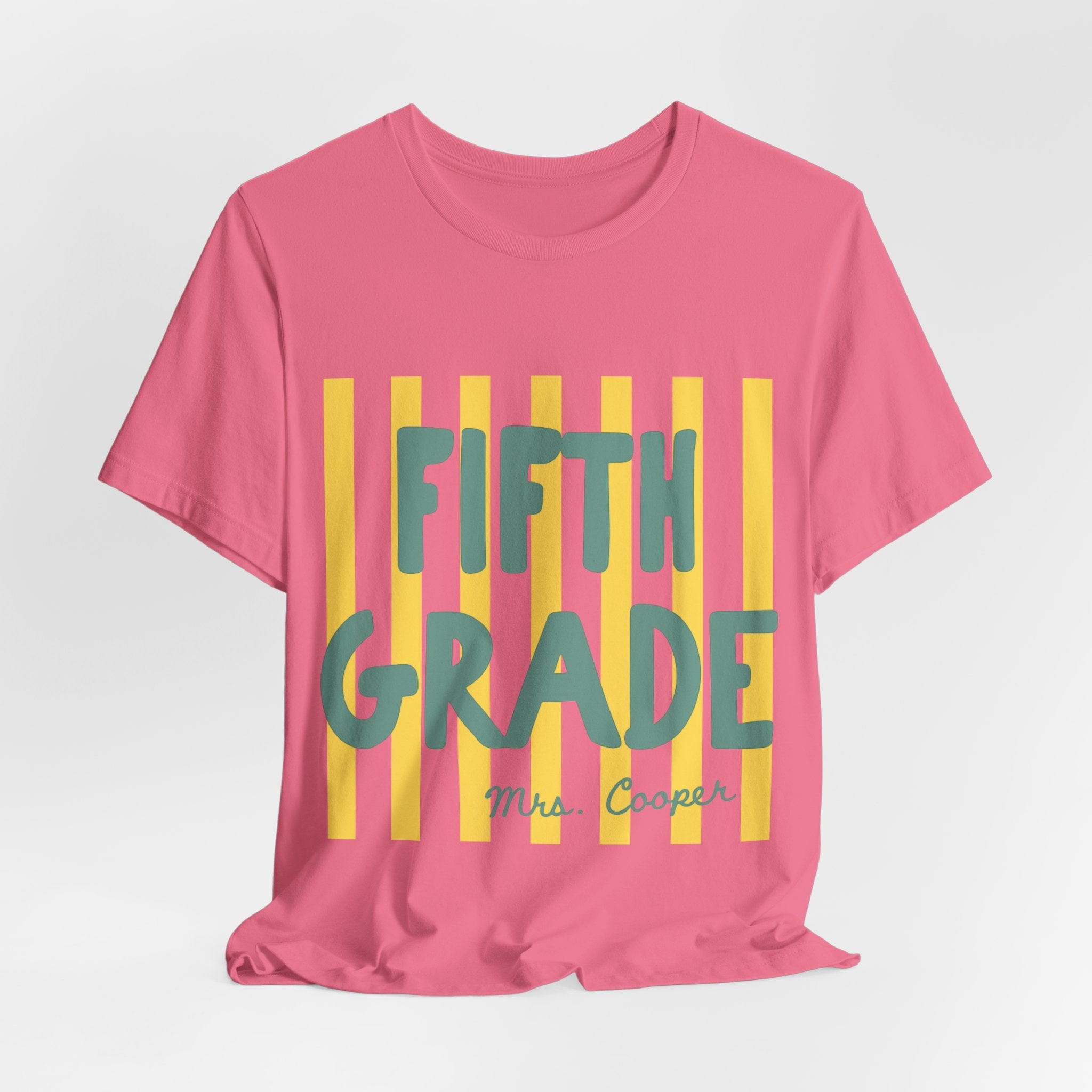 Pink personalized striped teacher tee with custom grade and name text in green