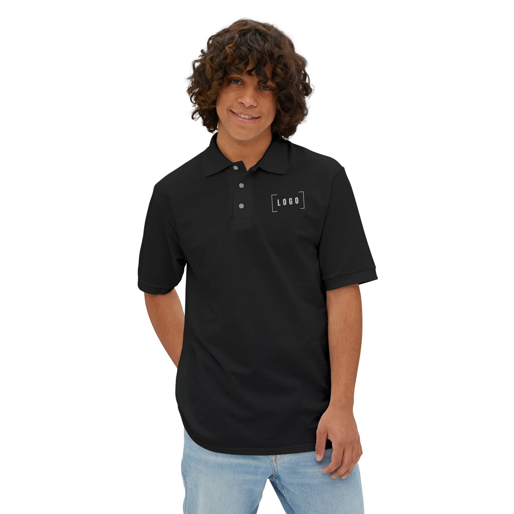 Black men's piqué polo shirt with a customizable logo on the chest