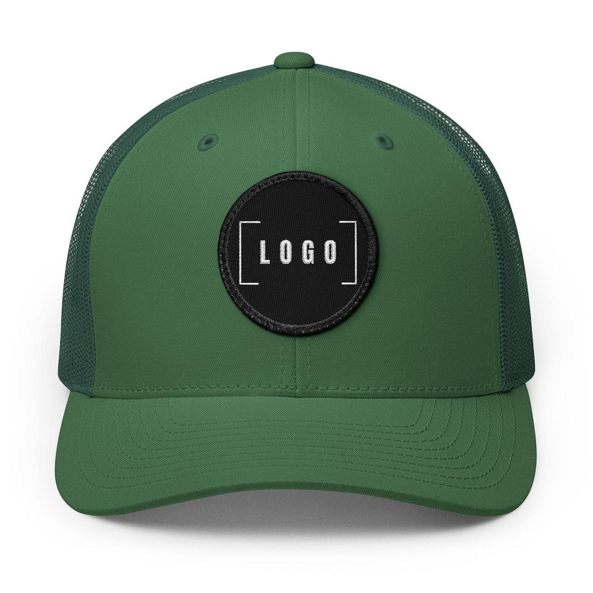 Charcoal embroidered trucker cap with a customizable logo on the front panel patch