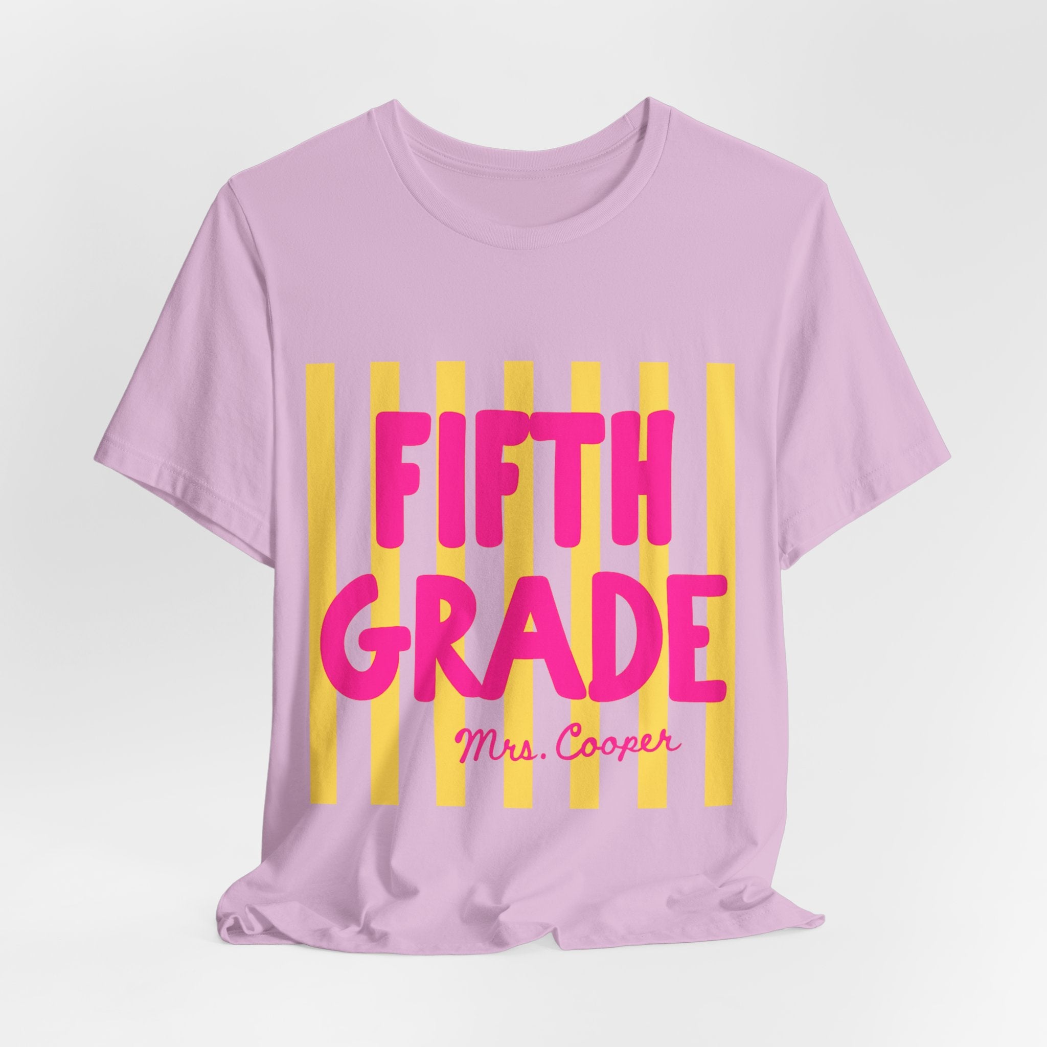 Lilac personalized striped teacher tee with custom grade and name text in pink