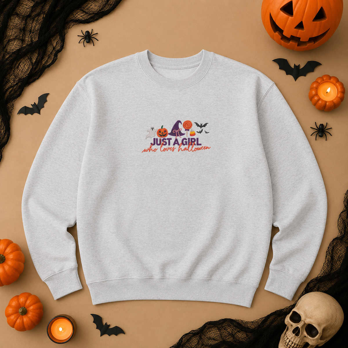 Just a Girl Who Loves Halloween Crewneck, Pumpkin & Bat Sweatshirt