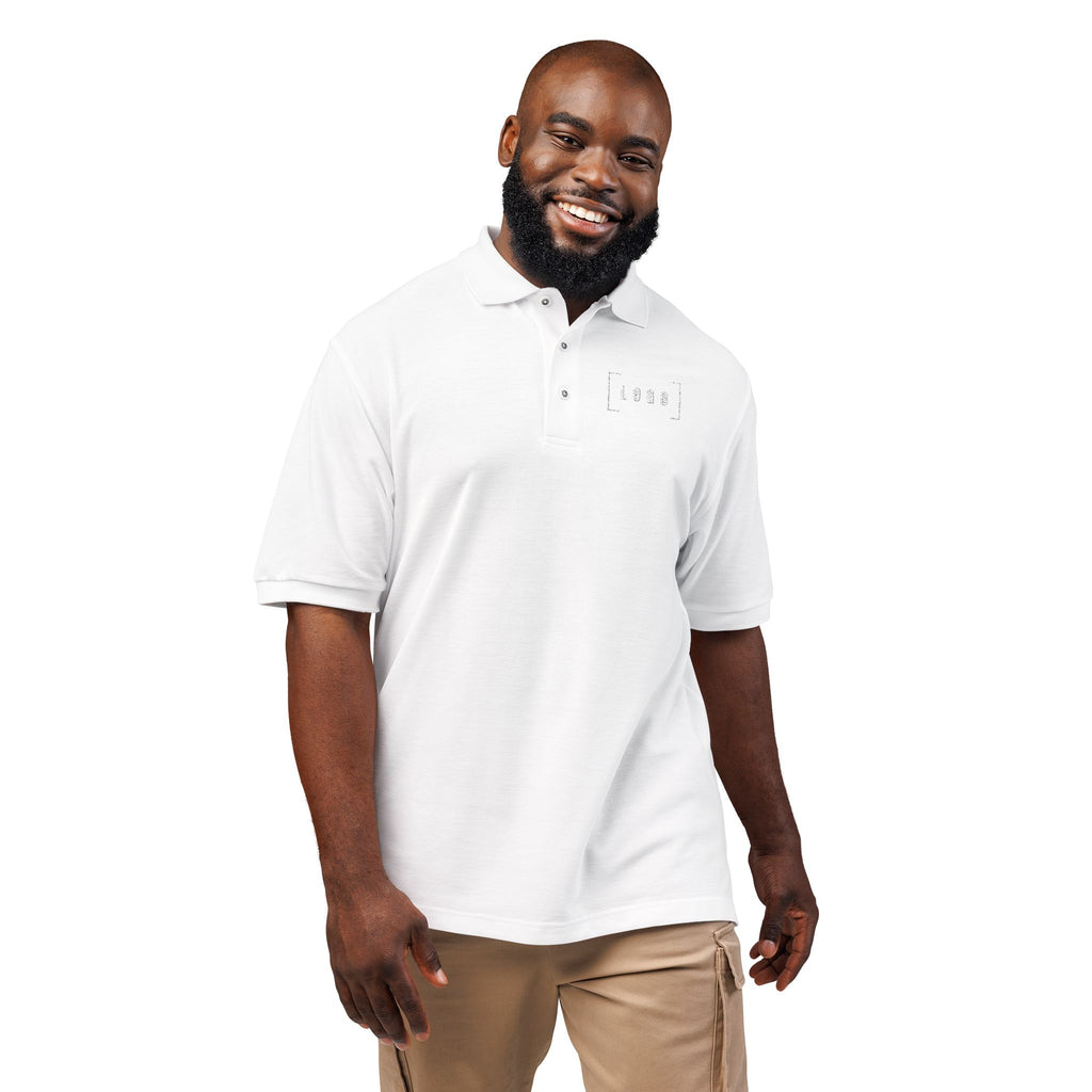 White embroidered polo shirt with a customizable logo on the left chest