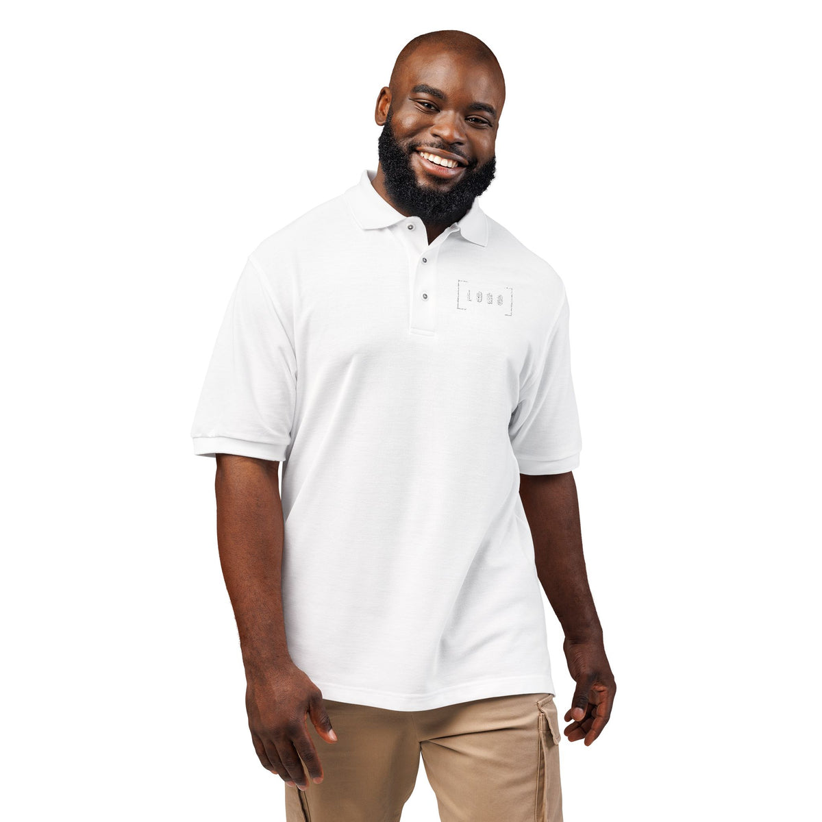 White embroidered polo shirt with a customizable logo on the left chest