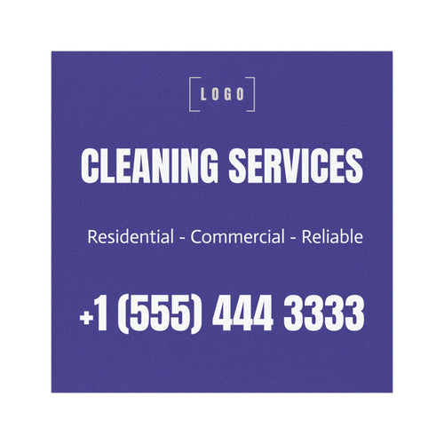 5x5 inch square car magnet template with logo placeholder, business name, and phone number on a purple background