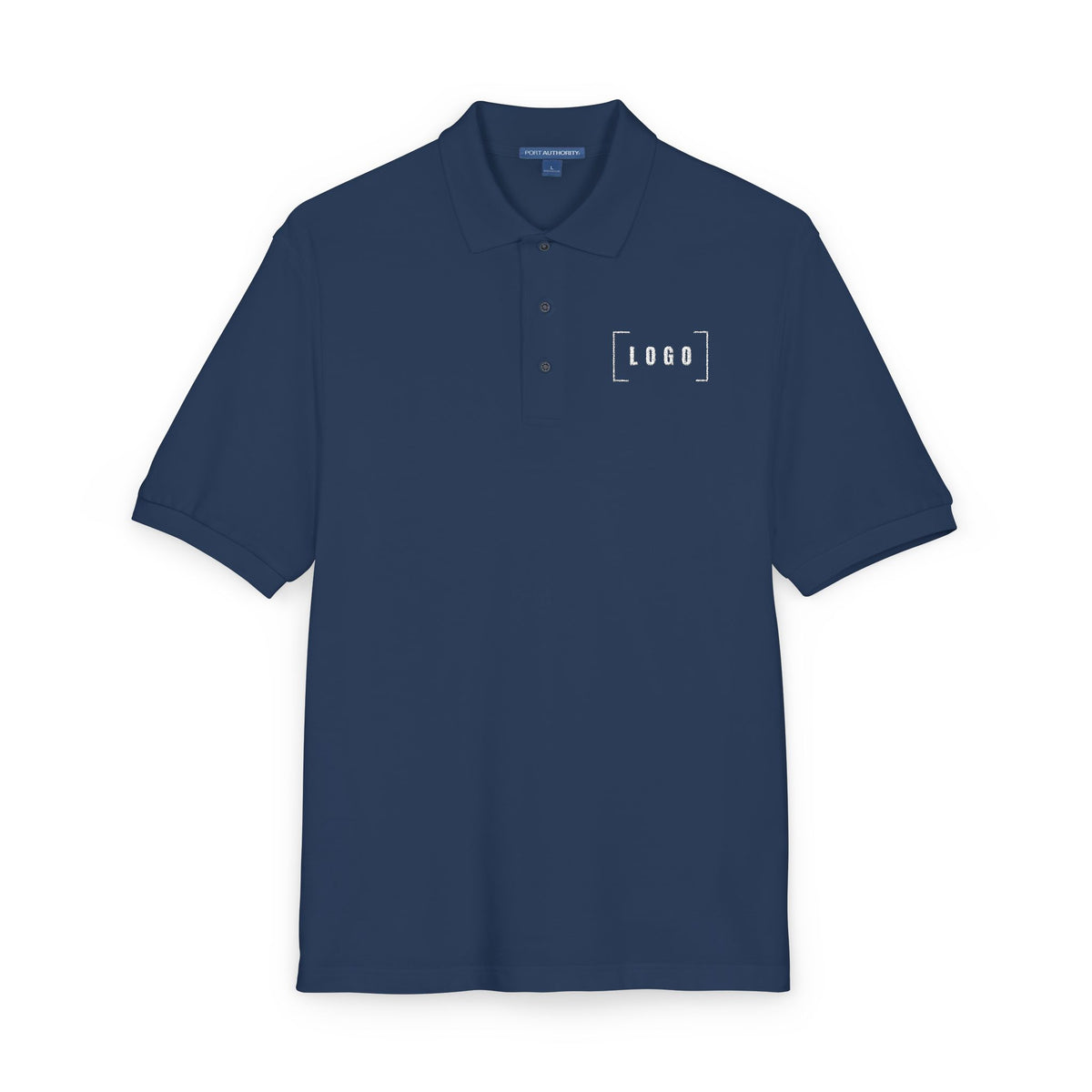 Navy embroidered polo shirt with a customizable logo on the left chest
