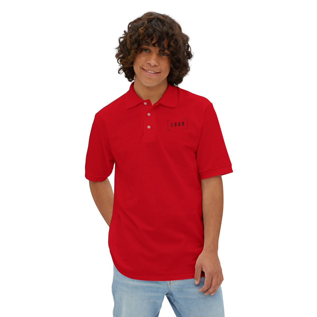 True Red men's piqué polo shirt with a customizable logo on the chest