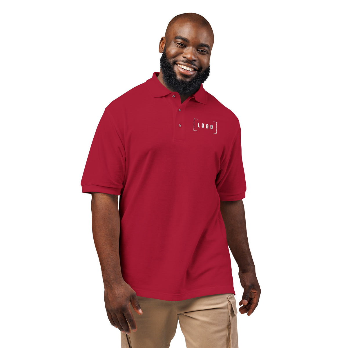 Red embroidered polo shirt with a customizable logo on the left chest