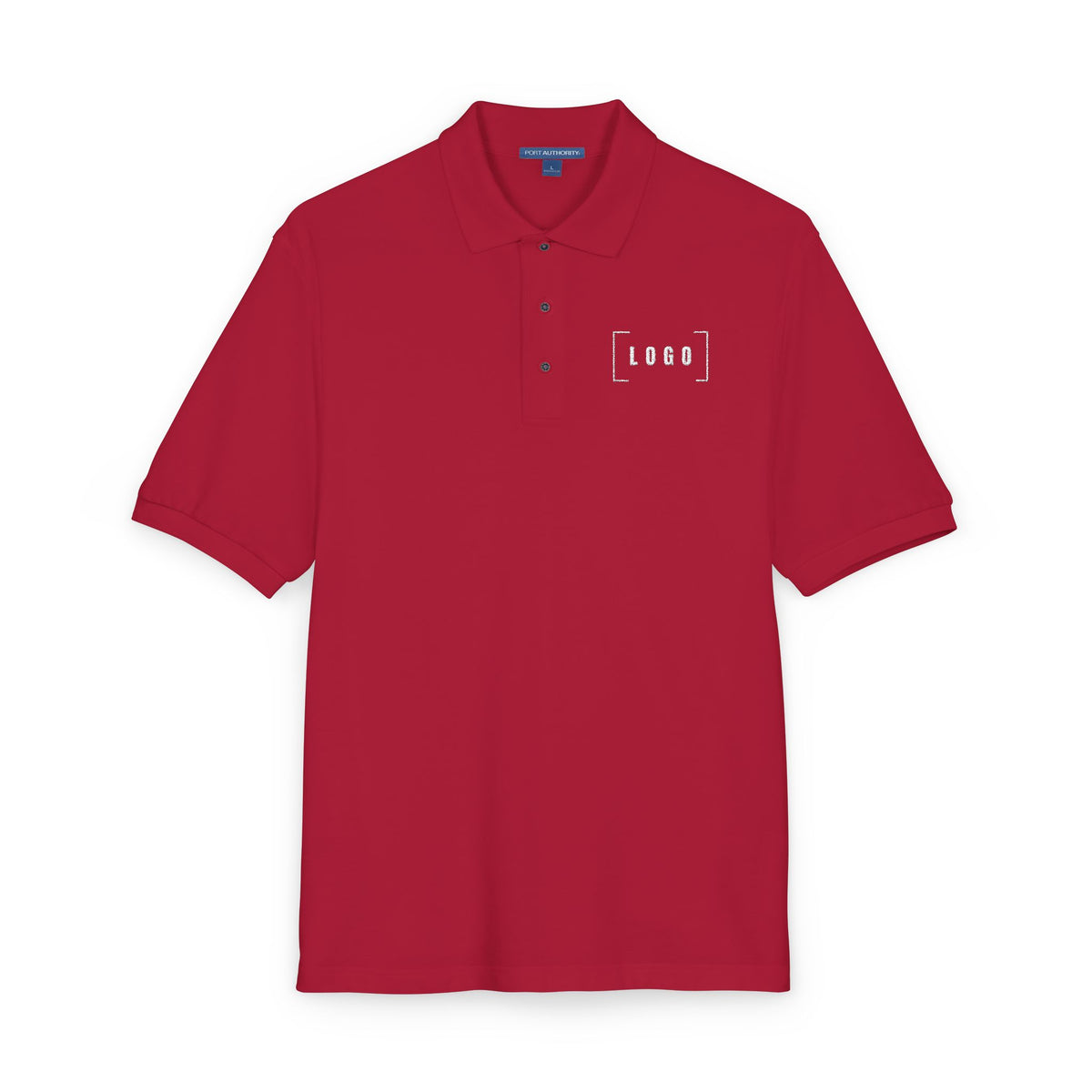 Red embroidered polo shirt with a customizable logo on the left chest