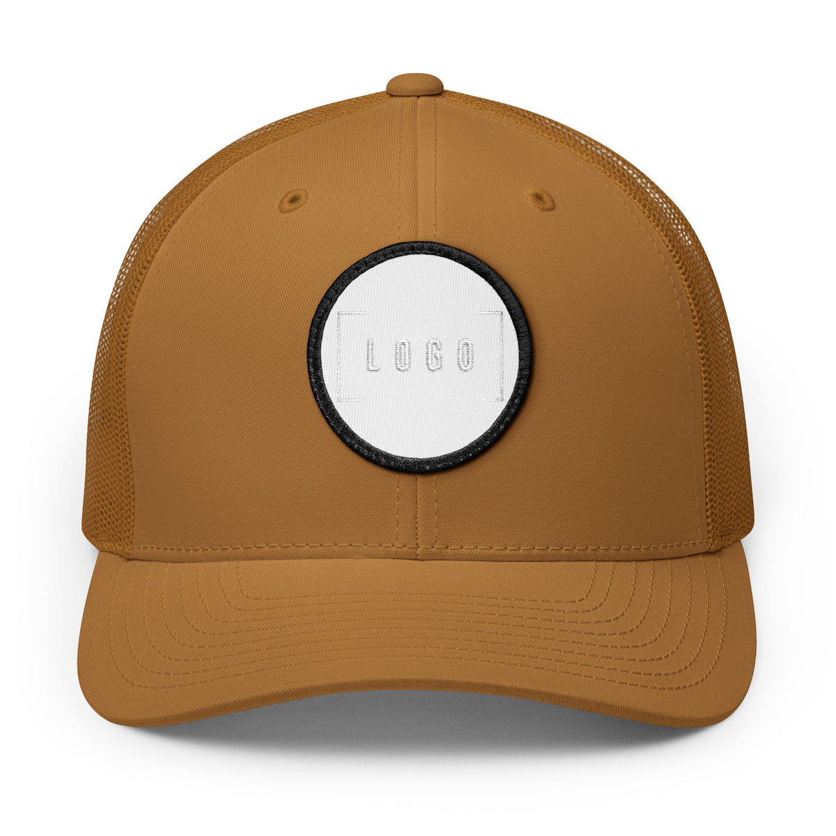 Caramel embroidered trucker cap with a customizable logo on the front panel patch