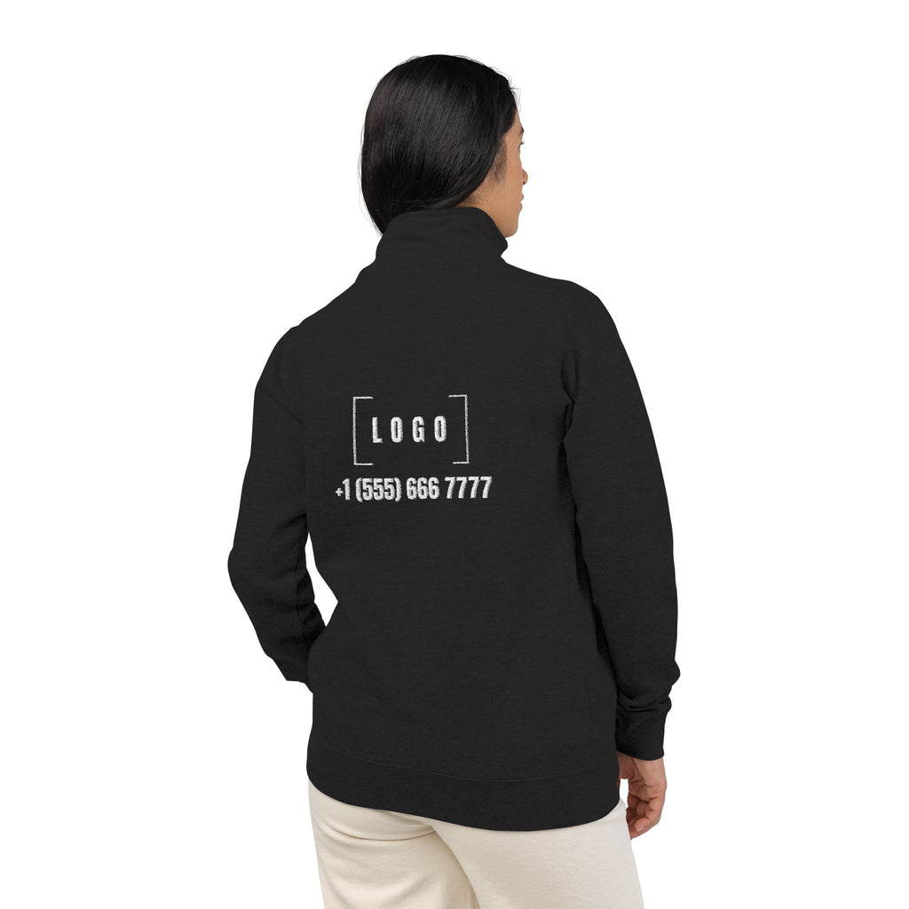 Black embroidered fleece half-zip pullover with a customizable logo on the left chest