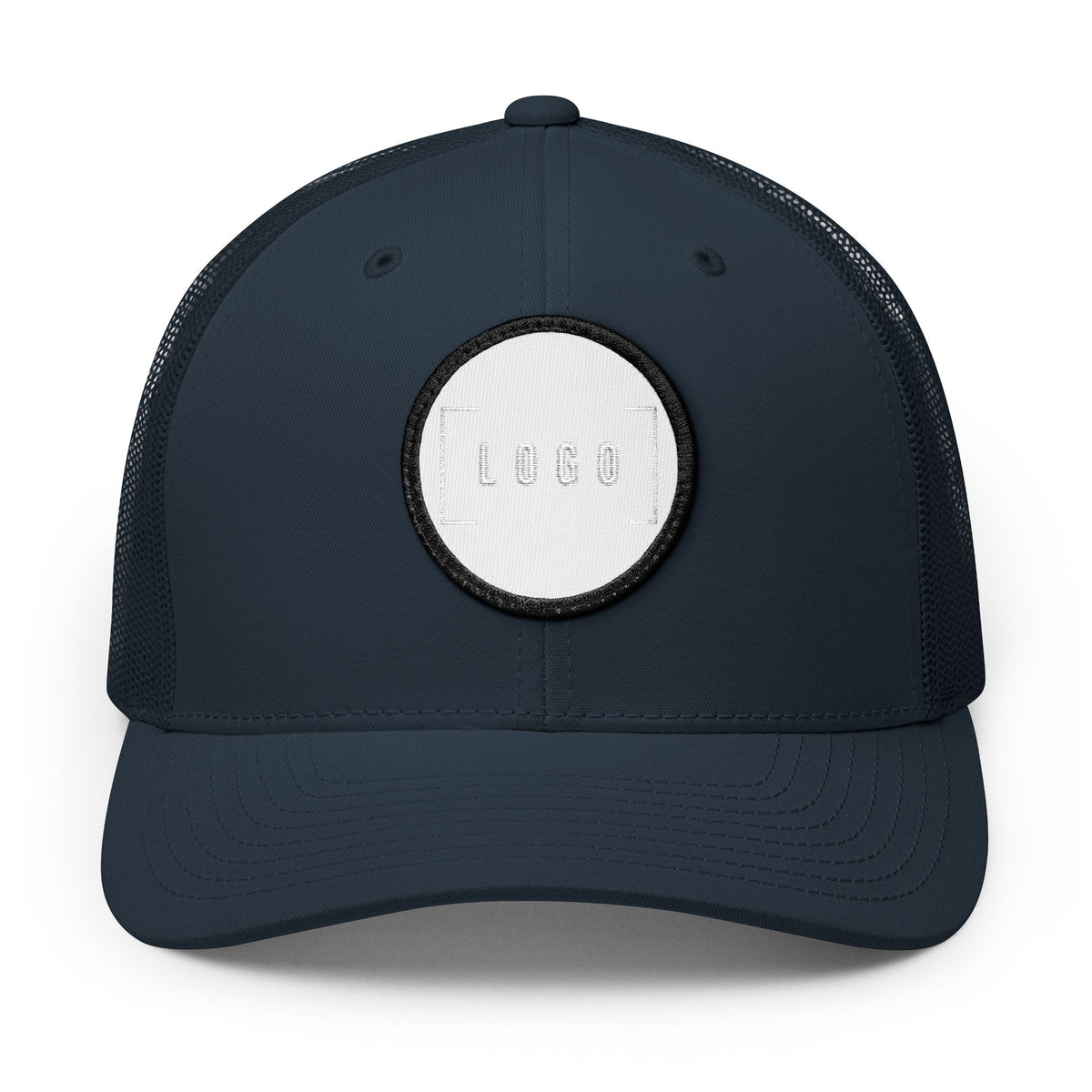 Navy embroidered trucker cap with a customizable logo on the front panel patch