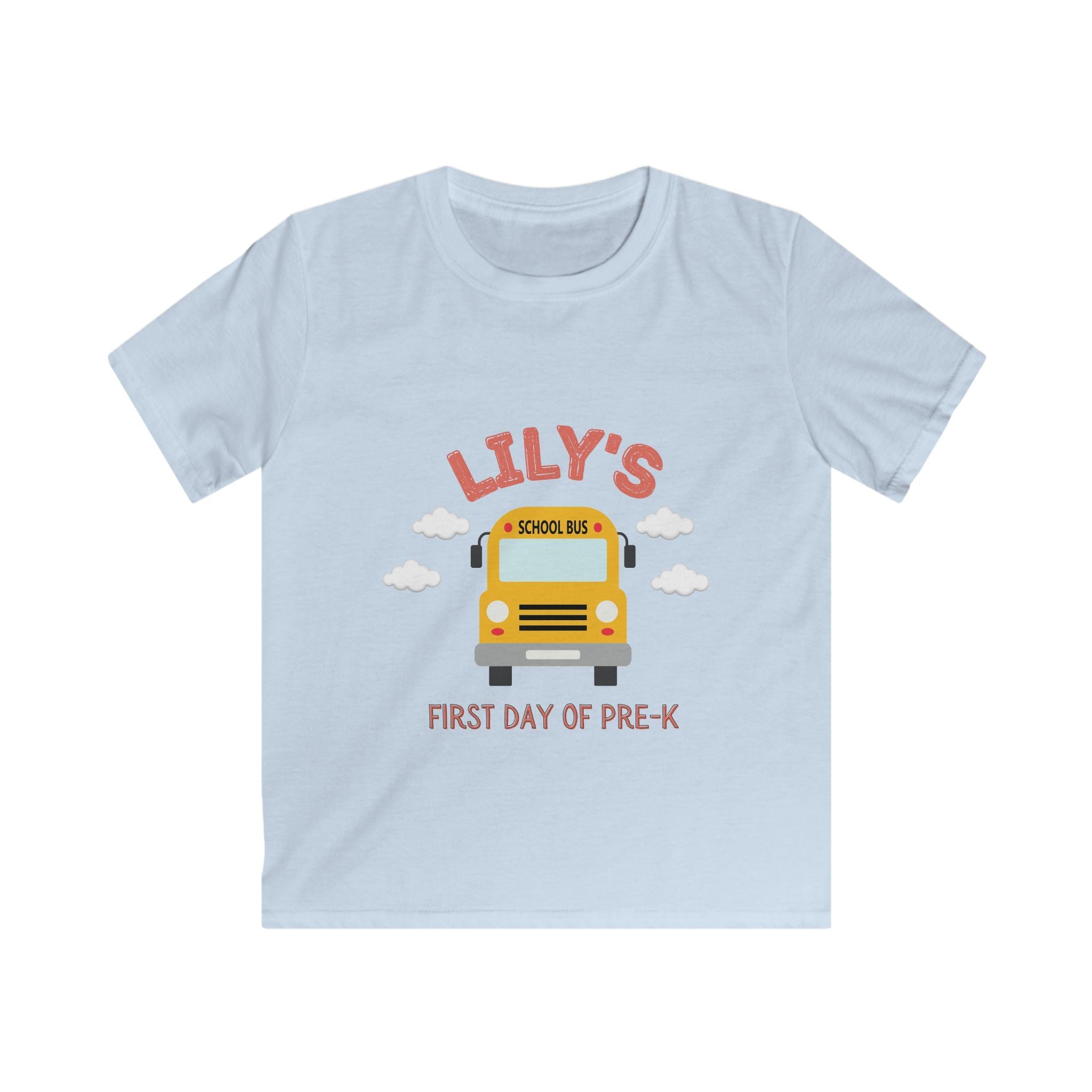 Light blue personalized kids tee with custom name and School Bus First Day of Pre-K design