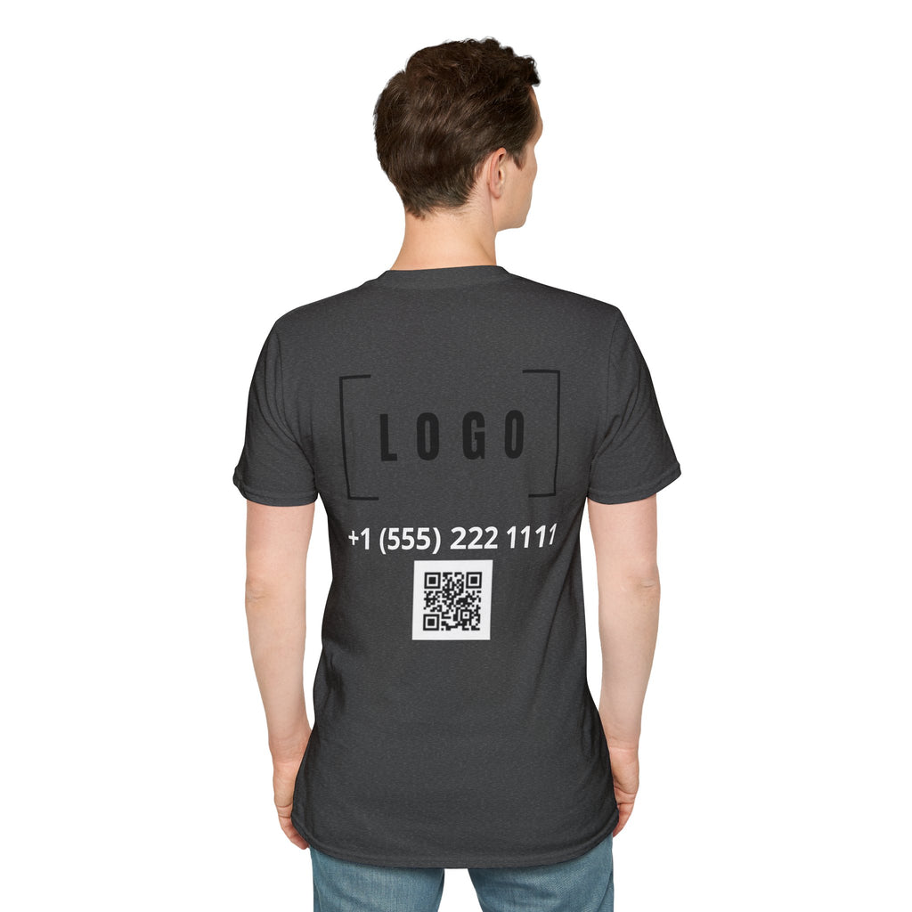 Dark Heather t-shirt with a customizable logo on the back