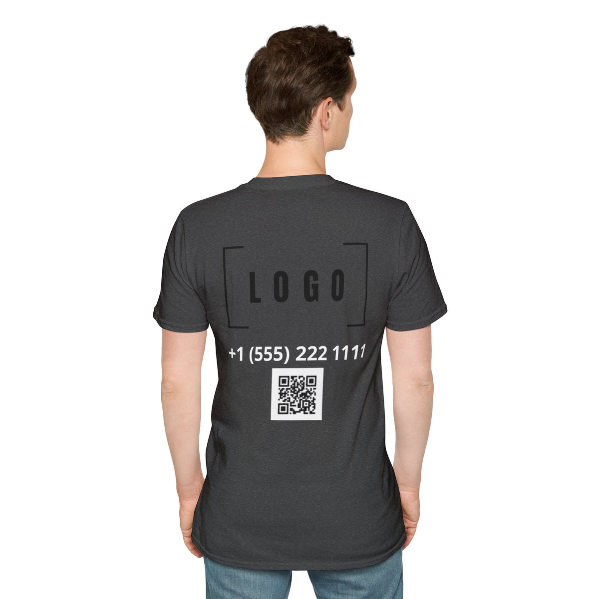 Dark Heather t-shirt with a customizable logo on the back