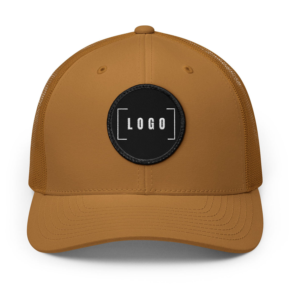 Caramel embroidered trucker cap with a customizable logo on the front panel patch