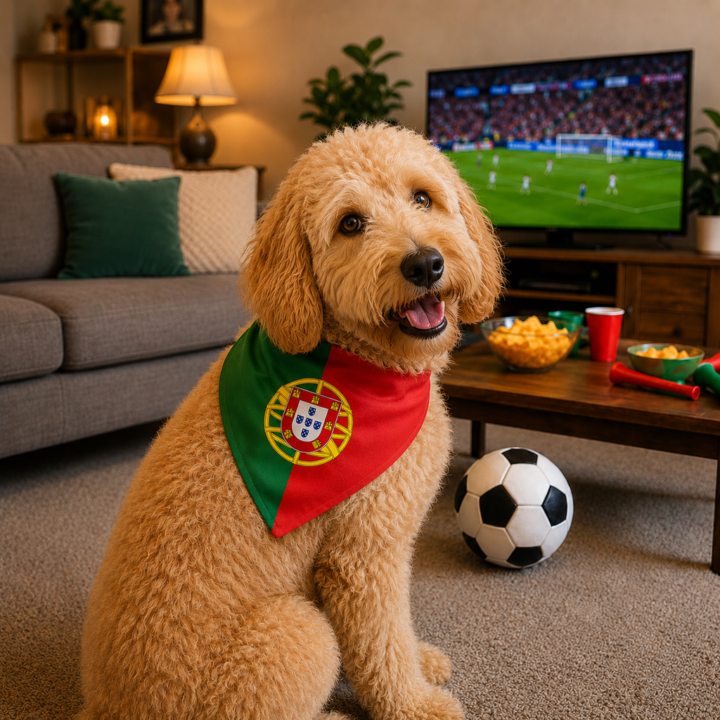 Dog wearing a Portugal flag bandana in a living room with a soccer ball and TV showing a match.