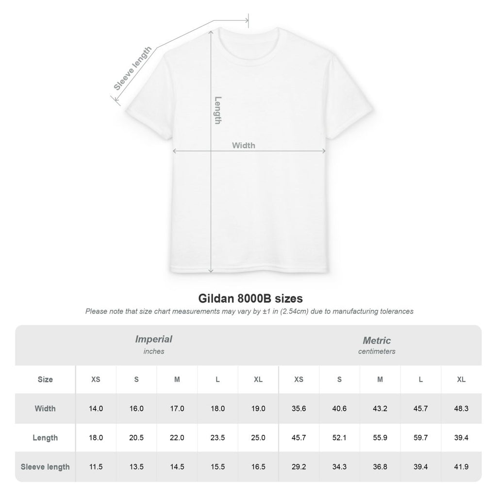White t-shirt with measurement chart on a white background