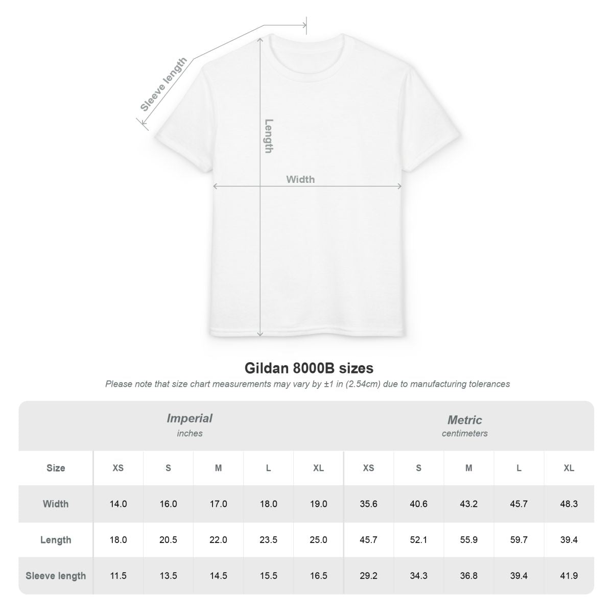 White t-shirt with measurement chart on a white background
