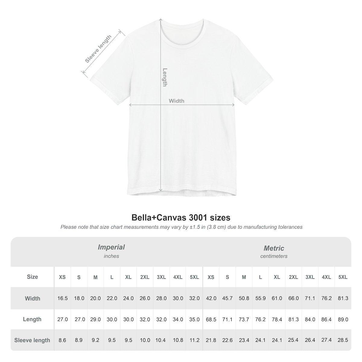 Size chart for personalized teacher grade tee, Bella+Canvas 3001, sizes XS to 5XL
