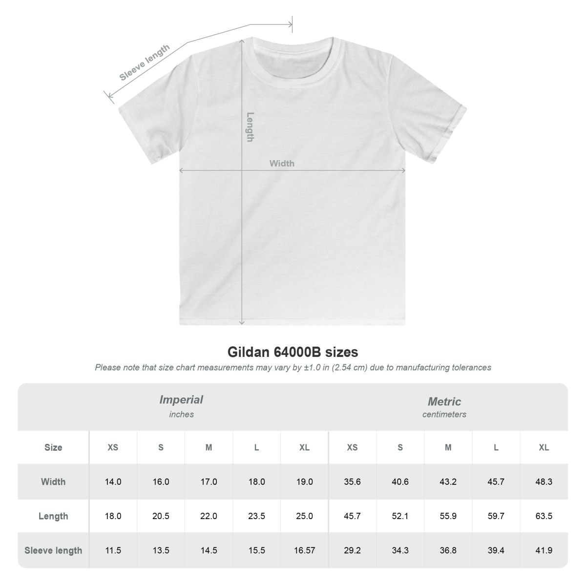 Size chart for personalized kids Pre-K tee, Gildan 64000B, sizes XS to XL