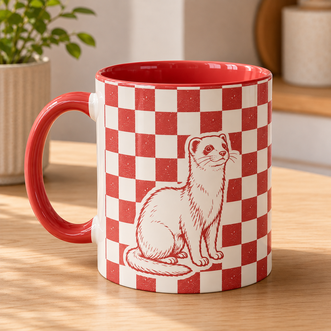 Custom Pet Checkered Mug | Personalized Dog Cat  Retro Illustration Name Coffee Cup | 11oz 15oz