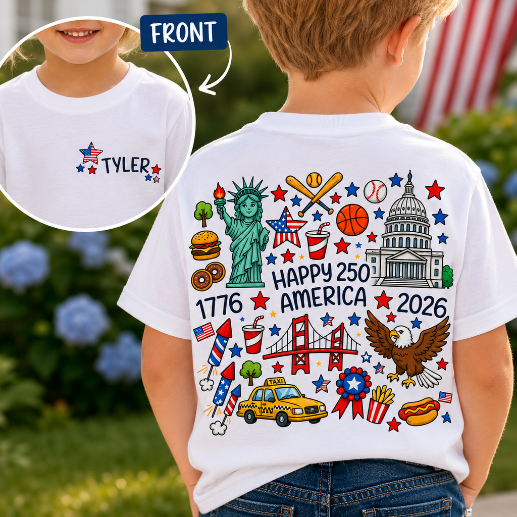 Custom Name 4th of July Toddler Shirt | Personalized USA Icons Tee for Boys and Girls, Sizes 2T–6T