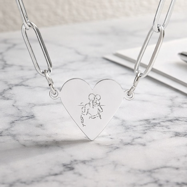 Custom Line Art Heart Necklace | Personalized Paperclip Chain Pendant | Mother’s Day Gift