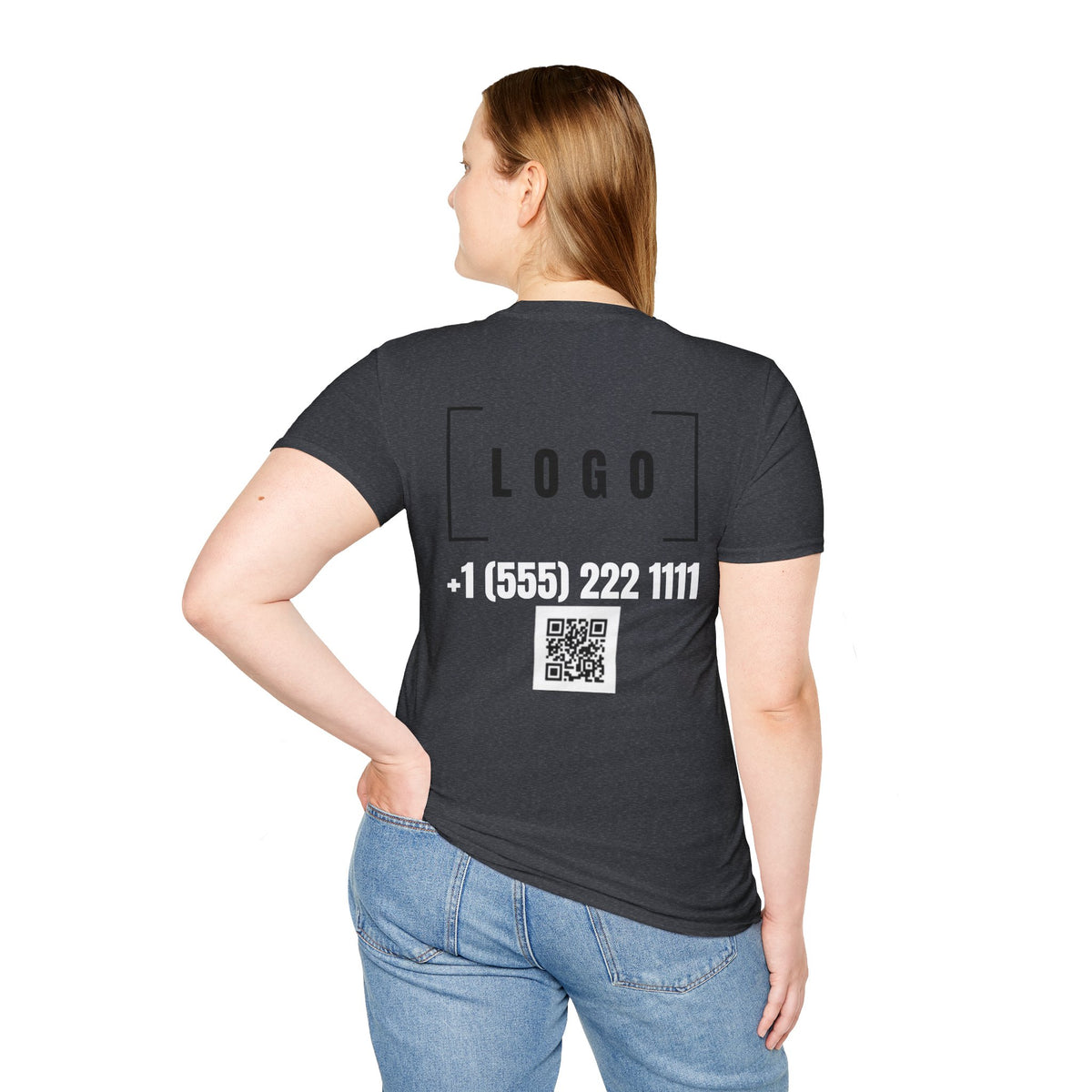 Dark Heather t-shirt with a customizable logo on the back