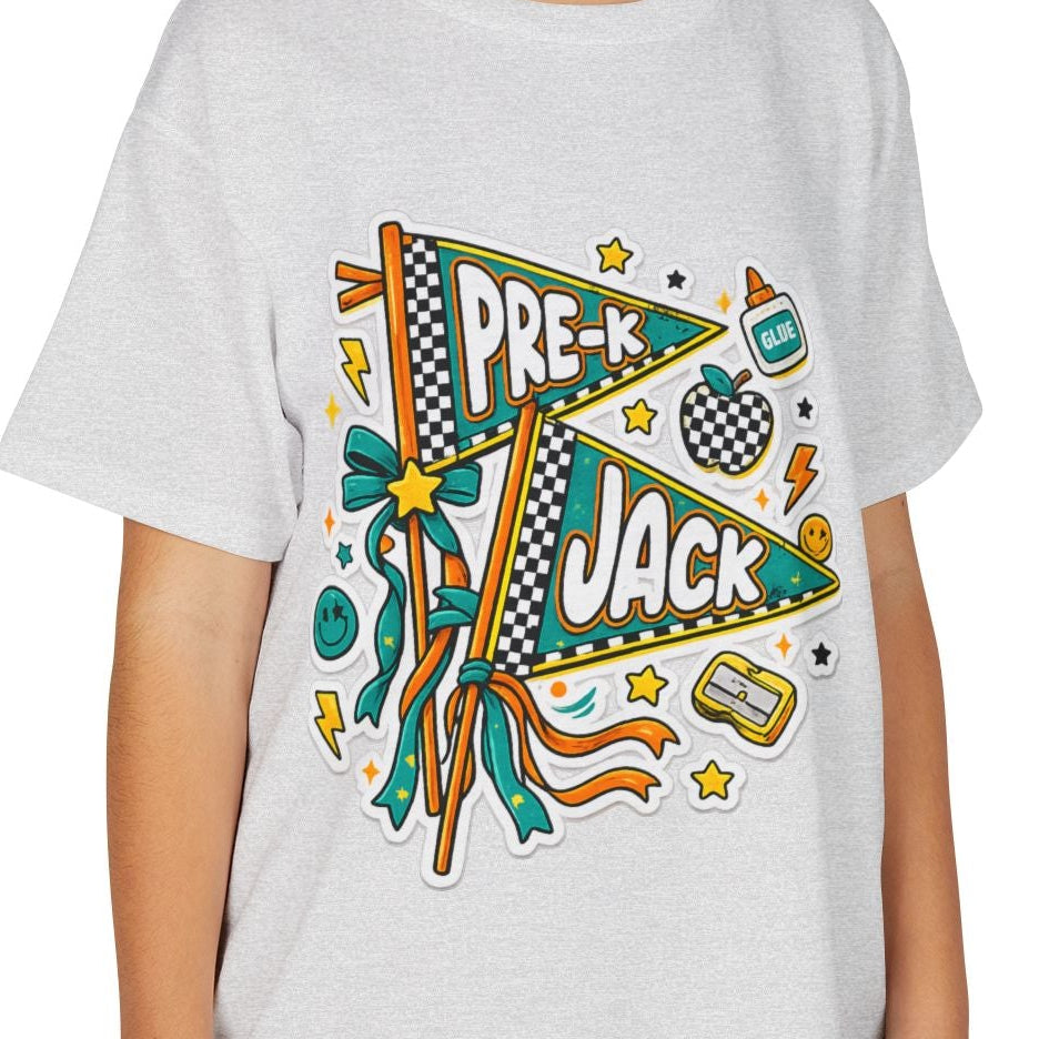 A young girl smiling while wearing a light gray crewneck t-shirt with a colorful 'PRE-JACK' graphic on the front, paired with khaki cargo pants, against a plain white background.