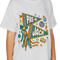 A young girl smiling while wearing a light gray crewneck t-shirt with a colorful 'PRE-JACK' graphic on the front, paired with khaki cargo pants, against a plain white background.