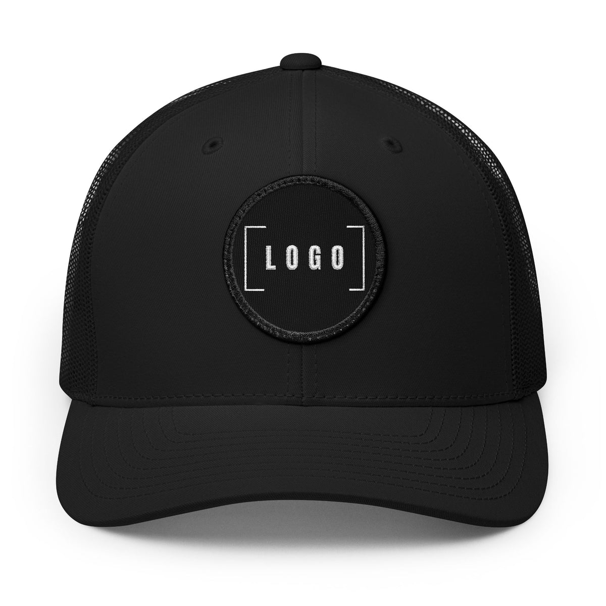 Black embroidered trucker cap with a customizable logo on the front panel patch