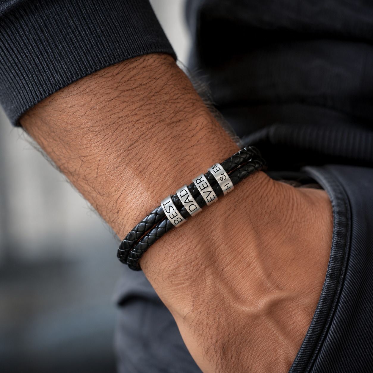 Custom Dad Bracelet with Engraved Beads | Personalized Leather Bracelet for Him