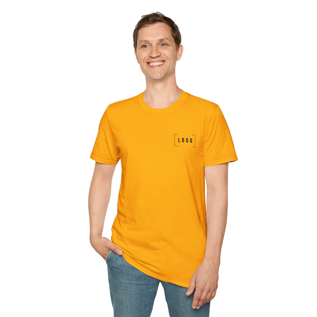 Gold t-shirt with a customizable logo on the front chest and back