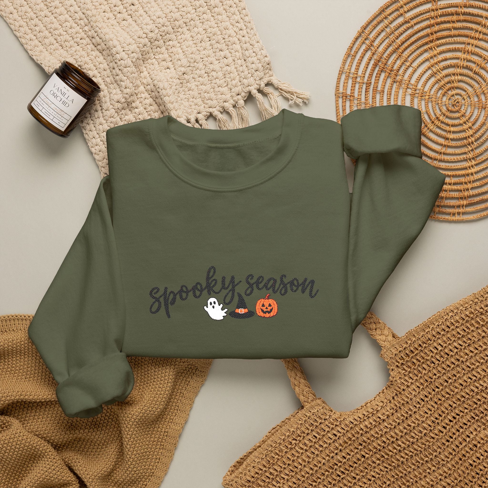 Spooky Season Embroidered Crewneck, Ghost & Pumpkin Sweatshirt