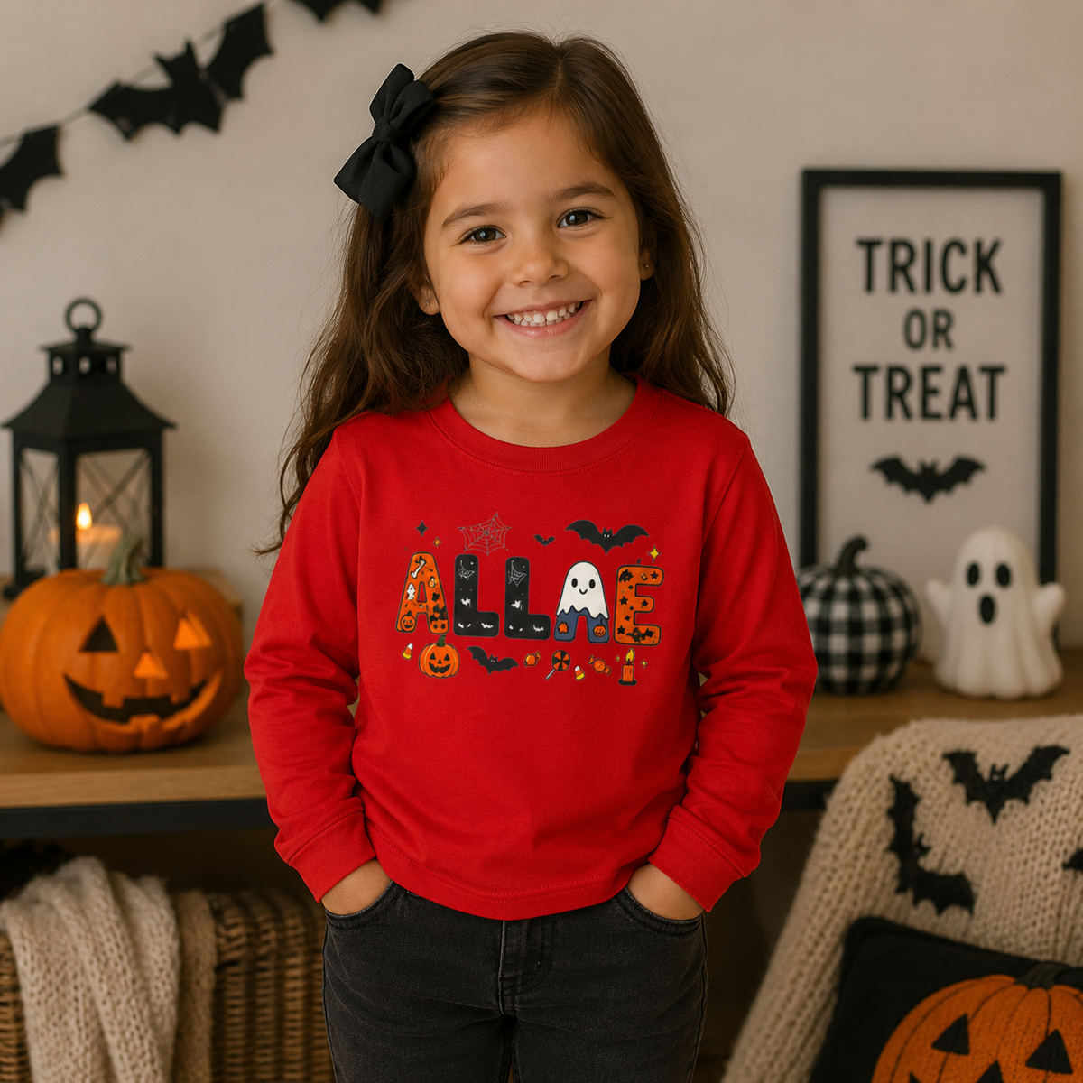 A young girl with a black hair bow smiles while wearing a red long-sleeve sweatshirt with a colorful Halloween-themed graphic spelling 'ALLIE' on the front. The background shows a cozy, decorated Halloween setting with a jack-o'-lantern, a framed 'TRICK OR TREAT' sign, and other seasonal decor.
