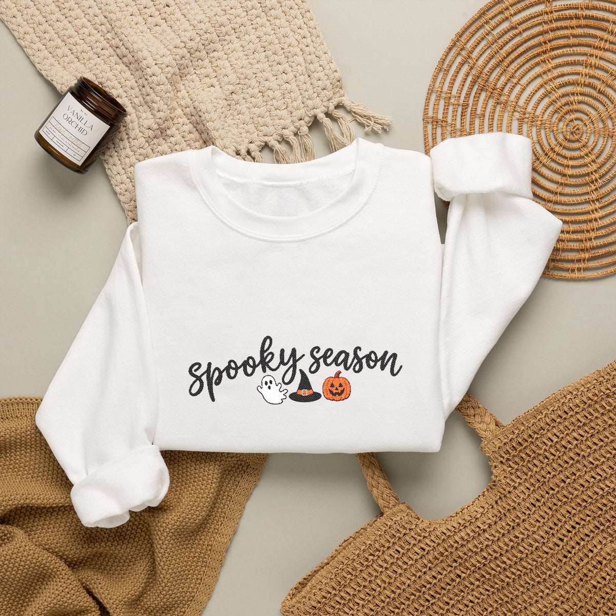 Spooky Season Embroidered Crewneck, Ghost & Pumpkin Sweatshirt