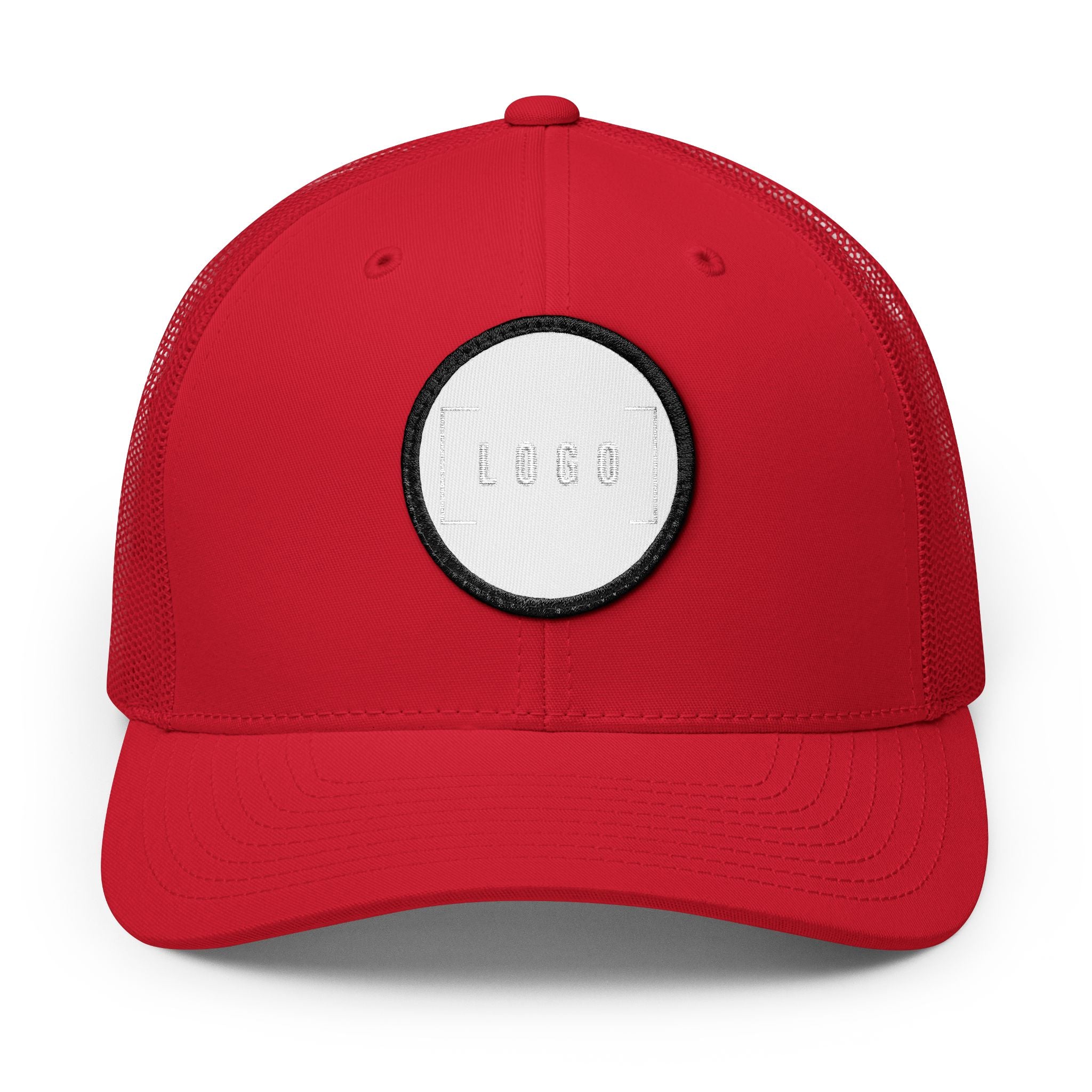 Red embroidered trucker cap with a customizable logo on the front panel patch