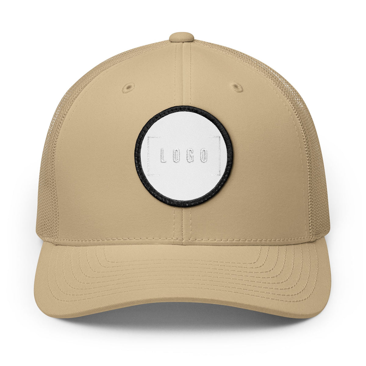 Khaki embroidered trucker cap with a customizable logo on the front panel patch