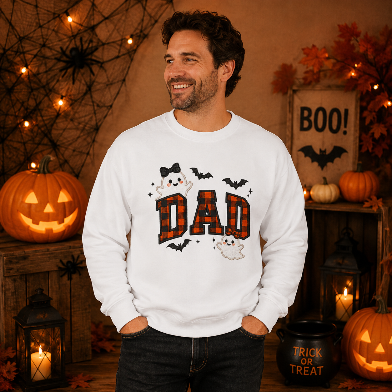 Halloween Plaid Dad Sweatshirt, Ghost & Bat Pullover Gift