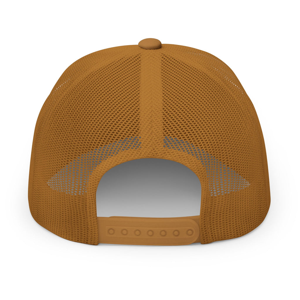 Caramel embroidered trucker cap with a customizable logo on the front panel patch